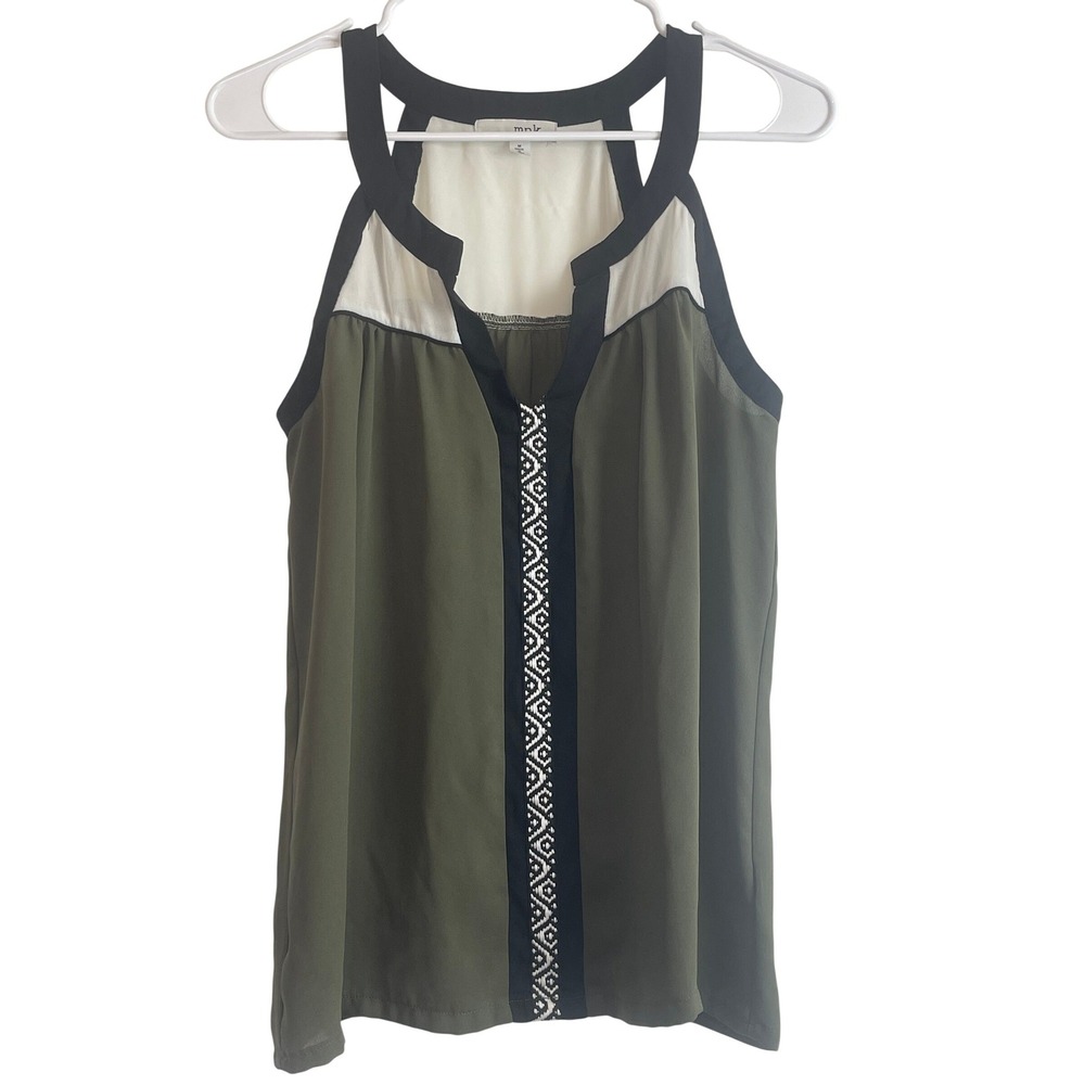 00776 MNK Women's Olive Green Black White Geometric Trim Halter Top Size M